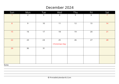 printable december calendar 2024 with us holidays,sunday start, notes at bottom, landscape, letter