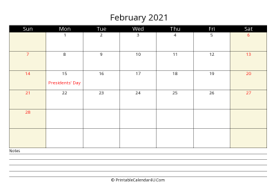 printable february calendar 2021 with us holidays,sunday start, notes at bottom, landscape, letter
