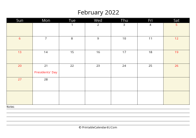 printable february calendar 2022 with us holidays,sunday start, notes at bottom, landscape, letter