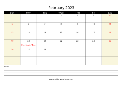 printable february calendar 2023 with us holidays,sunday start, notes at bottom, landscape, letter