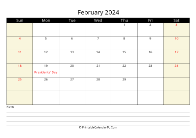 printable february calendar 2024 with us holidays,sunday start, notes at bottom, landscape, letter