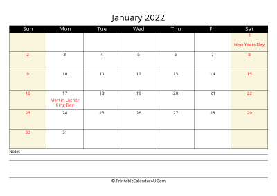 printable january calendar 2022 with us holidays,sunday start, notes at bottom, landscape, letter