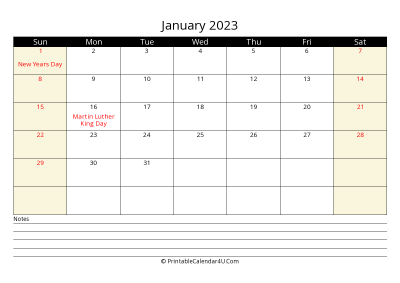 printable january calendar 2023 with us holidays,sunday start, notes at bottom, landscape, letter