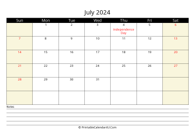 printable july calendar 2024 with us holidays,sunday start, notes at bottom, landscape, letter