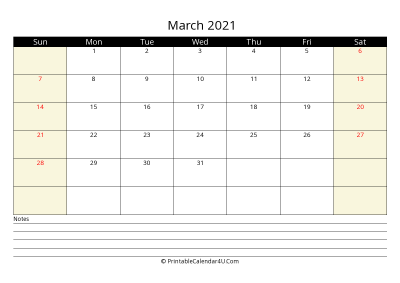 printable march calendar 2021 with us holidays,sunday start, notes at bottom, landscape, letter