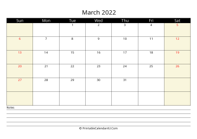 printable march calendar 2022 with us holidays,sunday start, notes at bottom, landscape, letter