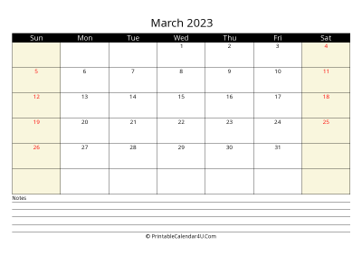 printable march calendar 2023 with us holidays,sunday start, notes at bottom, landscape, letter