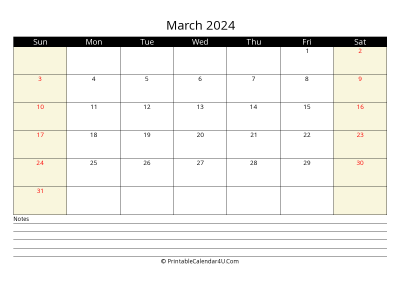 printable march calendar 2024 with us holidays,sunday start, notes at bottom, landscape, letter