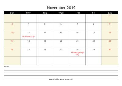 printable november calendar 2019 with us holidays,sunday start, notes at bottom, landscape, letter