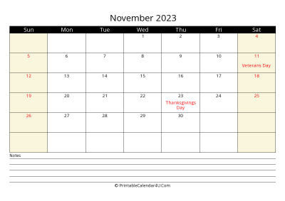printable november calendar 2023 with us holidays,sunday start, notes at bottom, landscape, letter