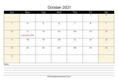 printable october calendar 2021 with us holidays,sunday start, notes at bottom, landscape, letter