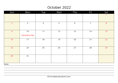 printable october calendar 2022 with notes at bottom