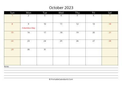 printable october calendar 2023 with us holidays,sunday start, notes at bottom, landscape, letter