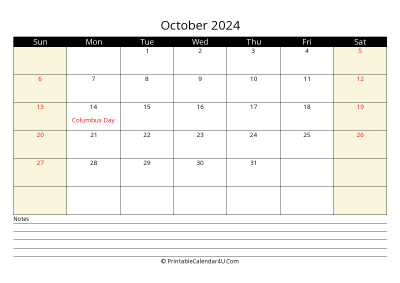 printable october calendar 2024 with us holidays,sunday start, notes at bottom, landscape, letter
