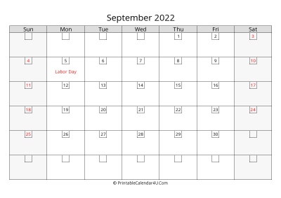 september 2022 calendar with days in box