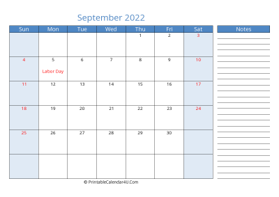 september 2022 printable calendar with us holidays, sunday start, side notes, landscape, letter