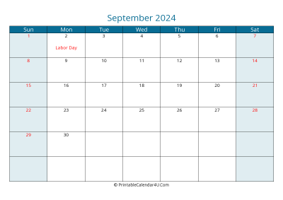 september 2024 calendar printable with us holidays, sunday start, landscape, letter paper size
