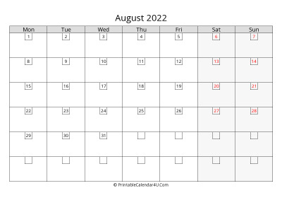 2022 august calendar with days in boxes, week starts on monday