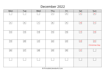2022 december calendar with days in boxes, week starts on monday