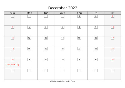 2022 december calendar with days in boxes, week starts on sunday