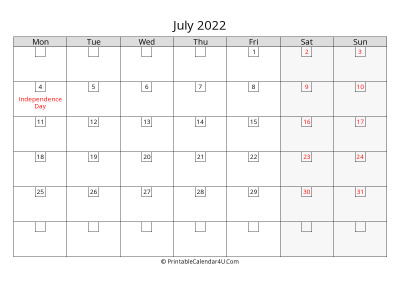 2022 july calendar with days in boxes, week starts on monday