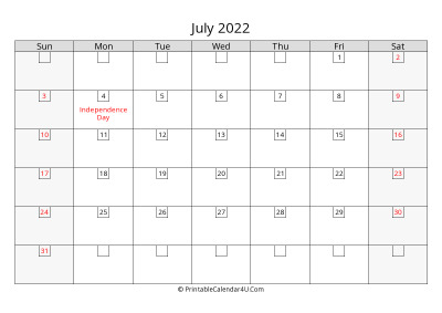 2022 july calendar with days in boxes, week starts on sunday