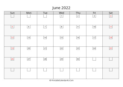 2022 june calendar with days in boxes, week starts on sunday