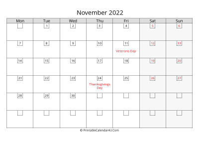 2022 november calendar with days in boxes, week starts on monday