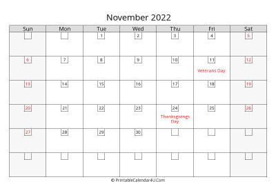 2022 november calendar with days in boxes, week starts on sunday