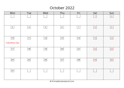 2022 october calendar with days in boxes, week starts on monday