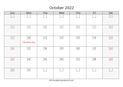 2022 october calendar with days in boxes, week starts on sunday