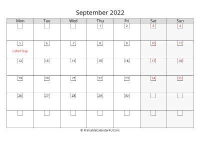 2022 september calendar with days in boxes, week starts on monday