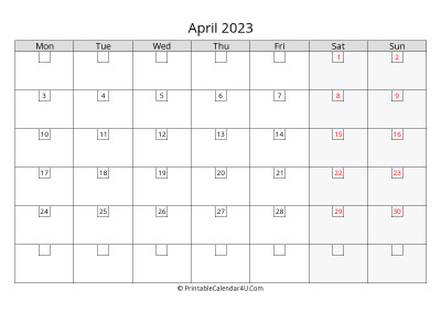 2023 april calendar with days in boxes, week starts on monday