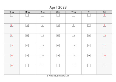 2023 april calendar with days in boxes, week starts on sunday