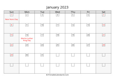 2023 january calendar with days in boxes, week starts on sunday