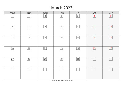 2023 march calendar with days in boxes, week starts on monday