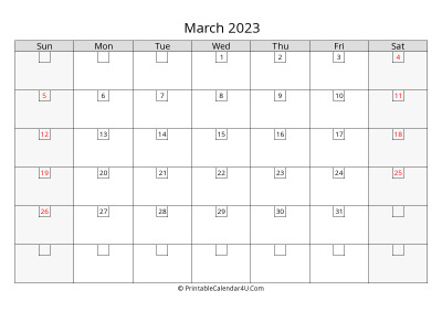2023 march calendar with days in boxes, week starts on sunday