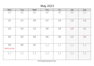 2023 may calendar with days in boxes, week starts on monday