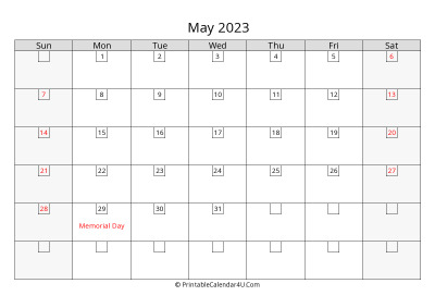 2023 may calendar with days in boxes, week starts on sunday