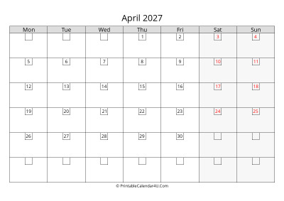2027 april calendar with days in boxes, week starts on monday