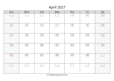 2027 april calendar with days in boxes, week starts on sunday