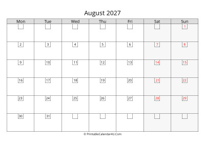 2027 august calendar with days in boxes, week starts on monday