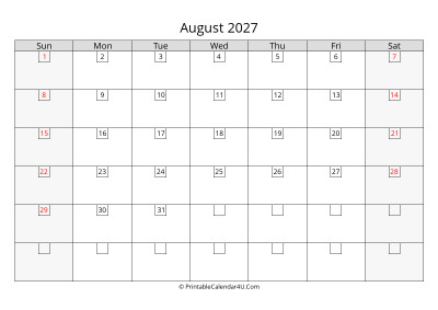 2027 august calendar with days in boxes, week starts on sunday