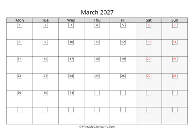 2027 march calendar with days in boxes, week starts on monday