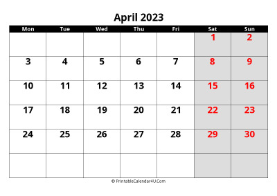 april 2023 calendar, highlighted weekend, week starts on monday