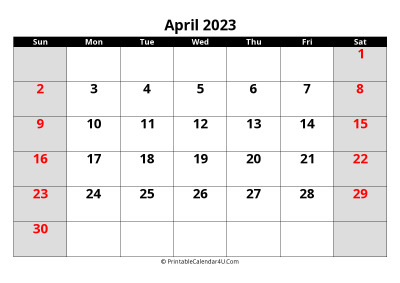 april 2023 calendar, highlighted weekend, week starts on sunday