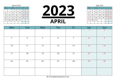 april 2023 calendar with prev and next month, week starts on monday