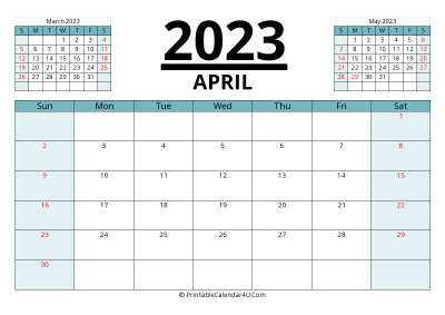 april 2023 calendar with prev and next month, week starts on sunday