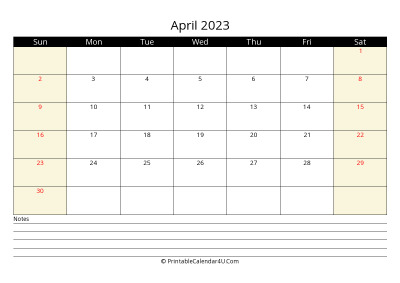 april 2023 monthly calendar with notes, week starts on sunday