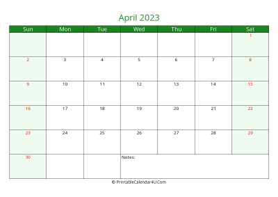 april 2023 printable calendar with holidays, week starts on sunday